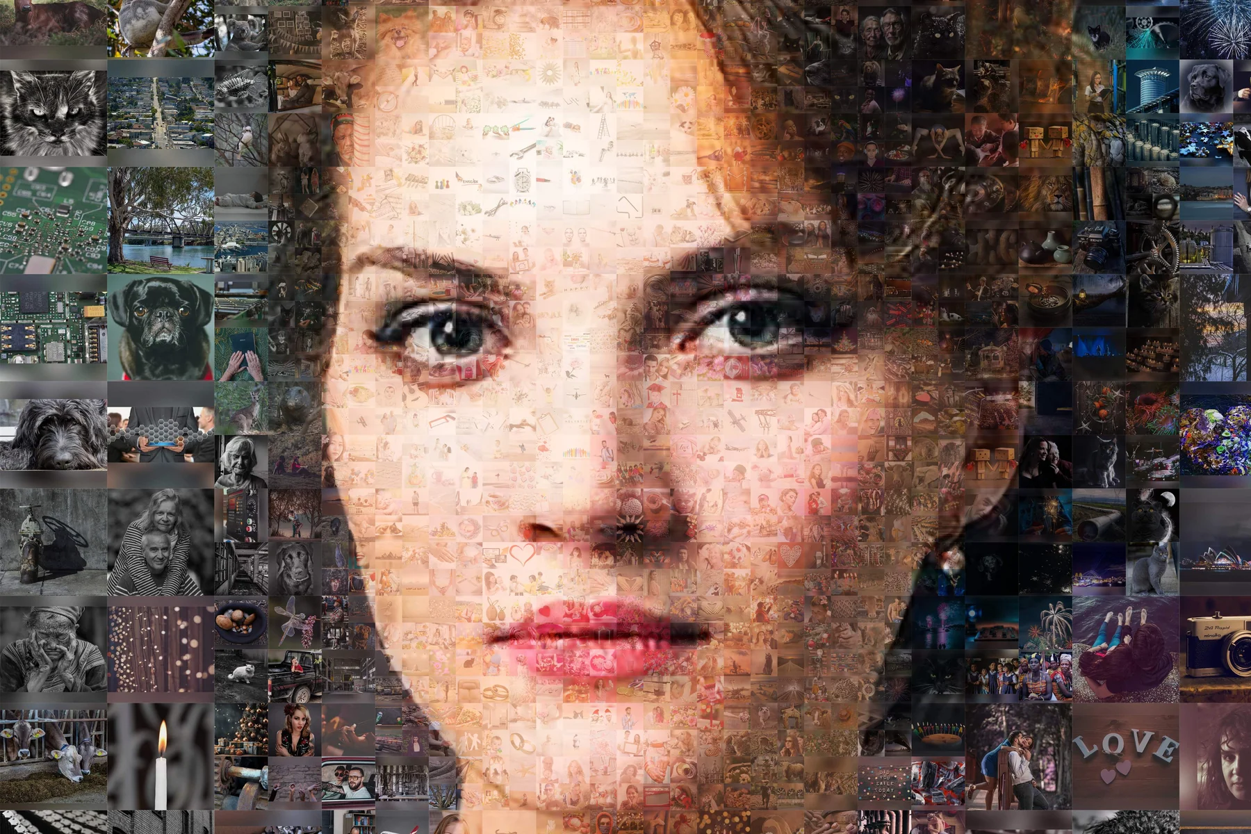 Zoom into the photo mosaic: the face is built from real small photos