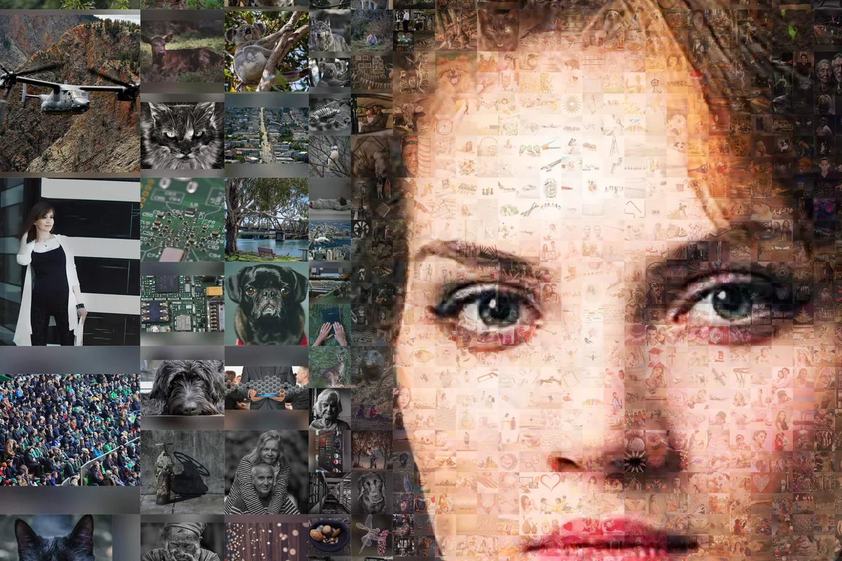 Photo mosaic with color adjustment: the face reads smoothly from a distance, every tile still a real photo