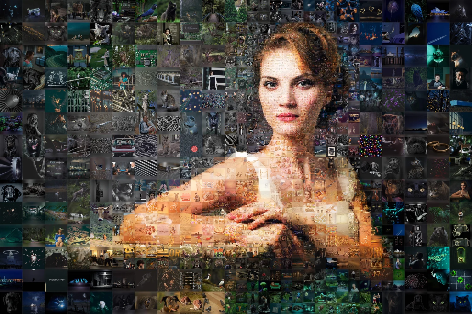 Collage AI online viewer: a portrait made of photos, every tile opens full size with a like button and a comment box