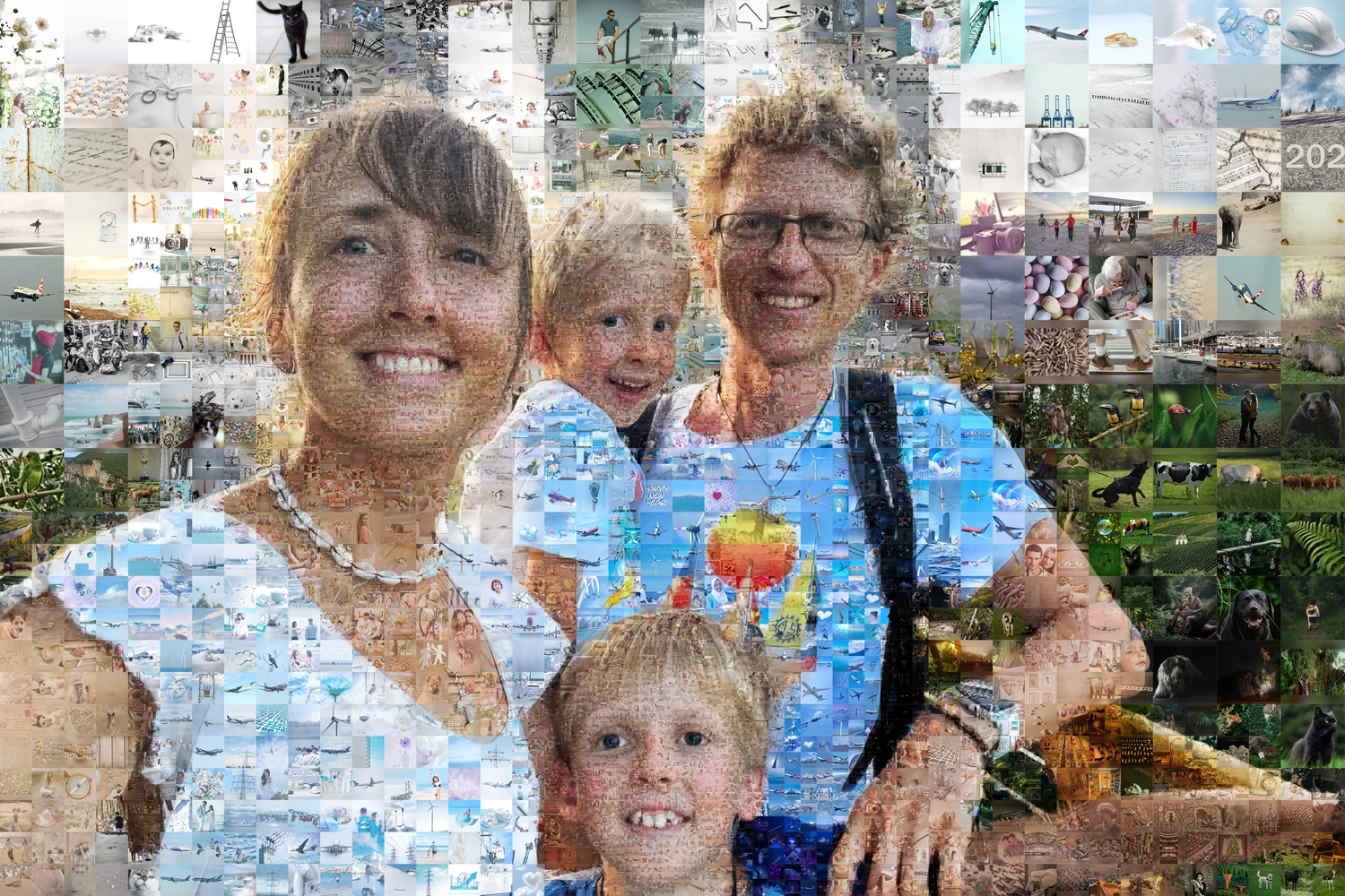 Exemple du créateur de collage IA : une photo de famille composée de centaines de photos plus petites, zoomez pour voir chacune d’elles