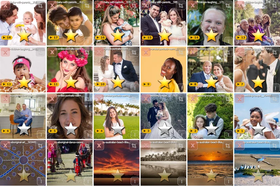 A grid of the small photos the mosaic is built from, two of them starred