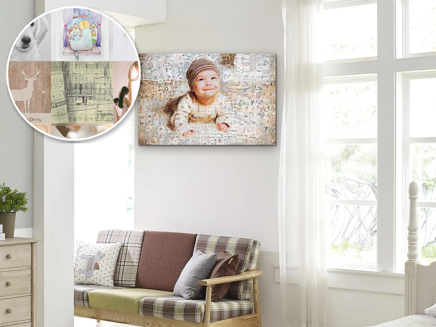 nursery wall with a photo collage of a baby's hand in a parent's hand