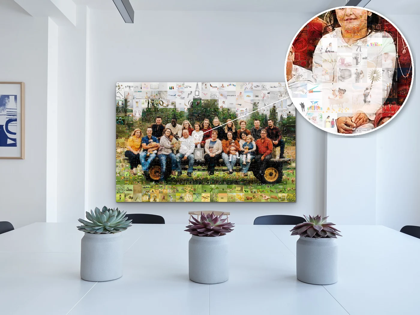 group photo collage on a meeting-room wall, with a close-up of the small photos