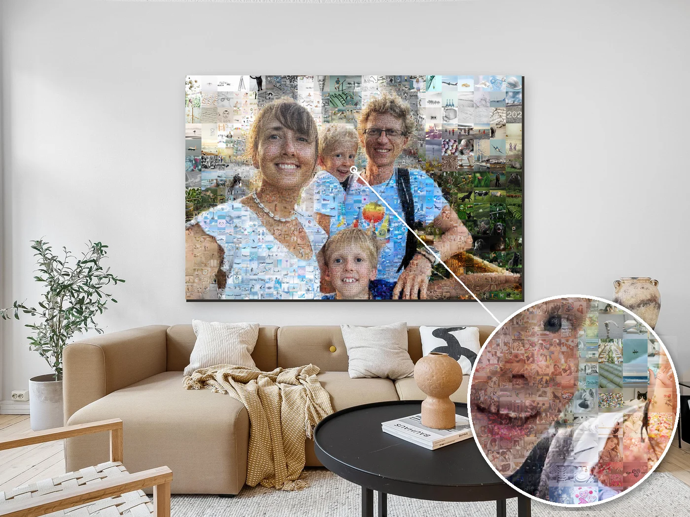 family photo collage above a living-room sofa, with a close-up of the small photos in the face