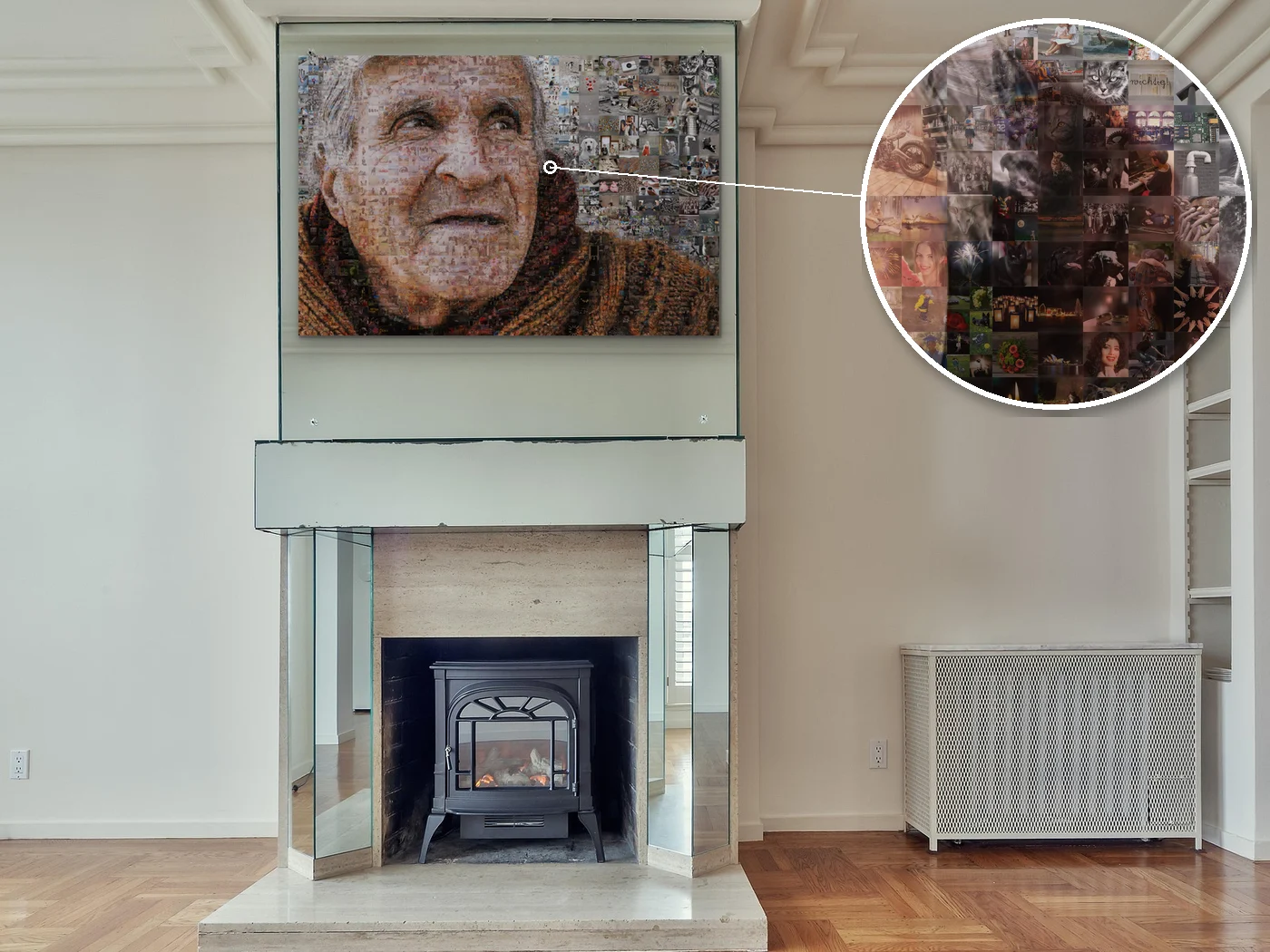 memorial photo collage of a smiling grandfather above a fireplace, with a close-up of the small photos