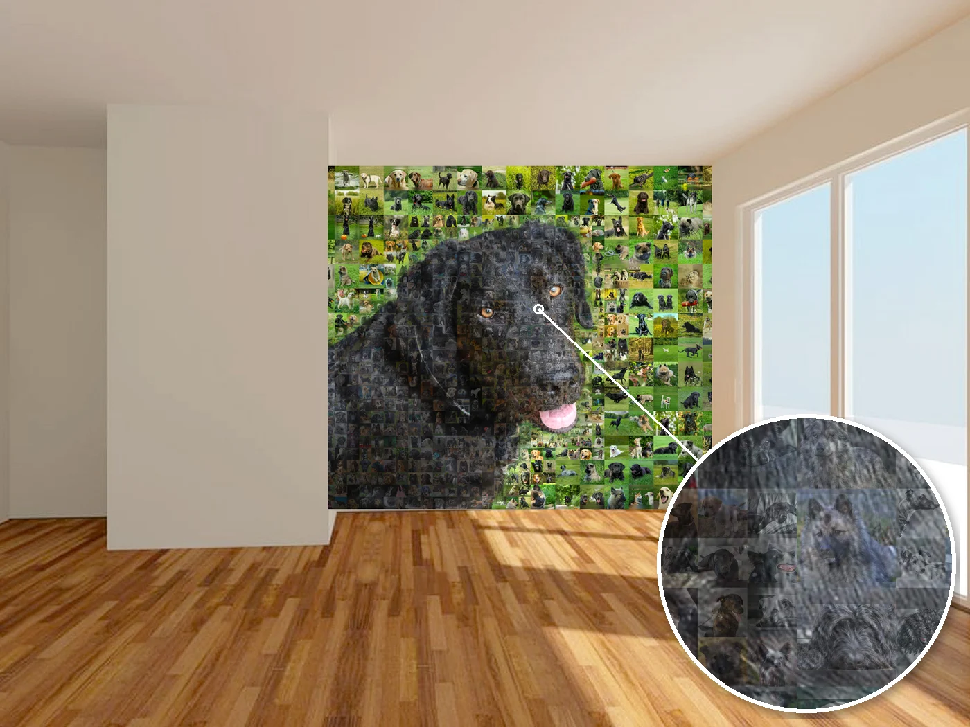 dog photo mosaic printed across a whole wall, with a close-up of the dog photos it is made of