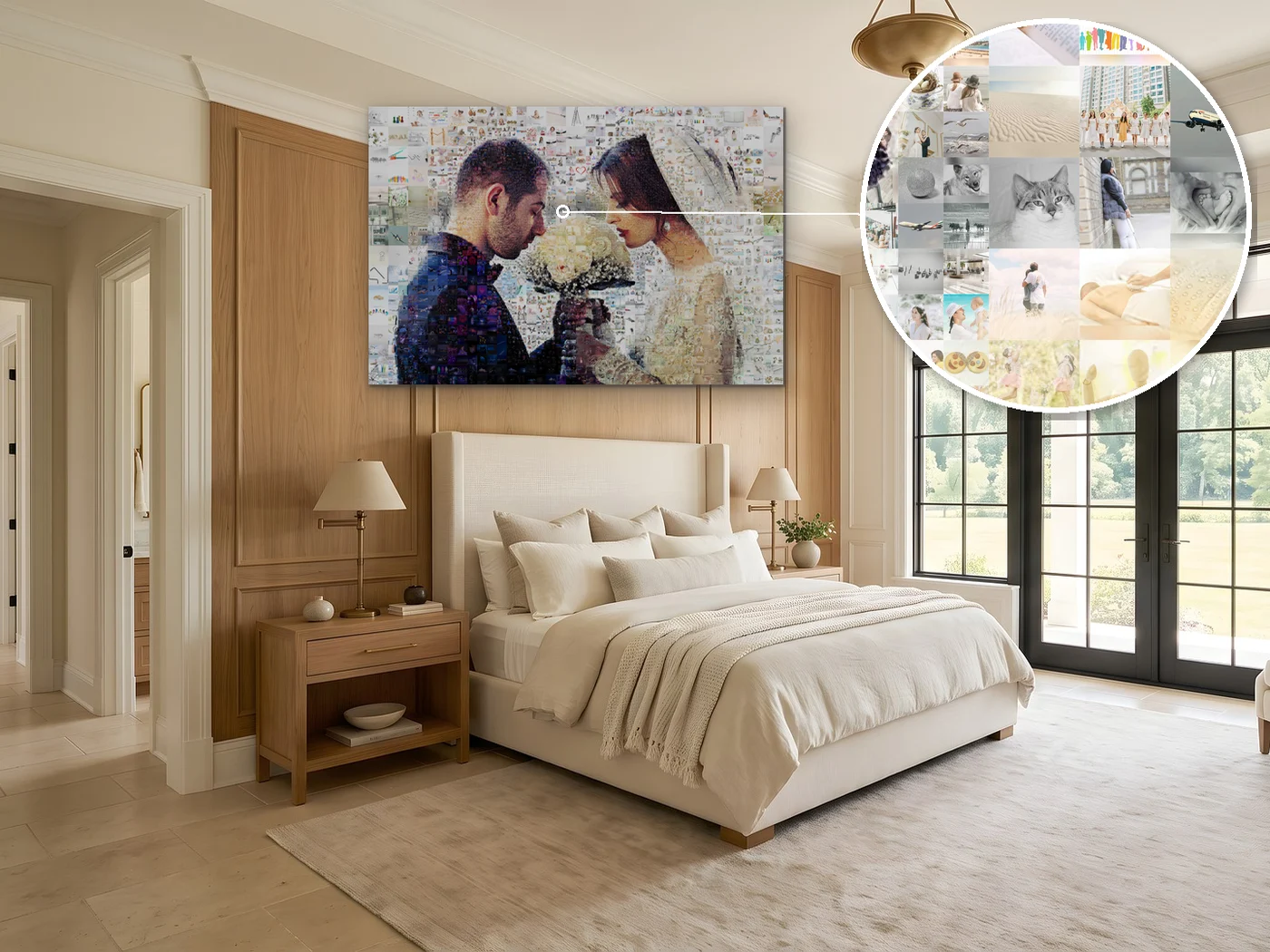 wedding photo collage above a living-room sofa, with a close-up of the small photos it is made of